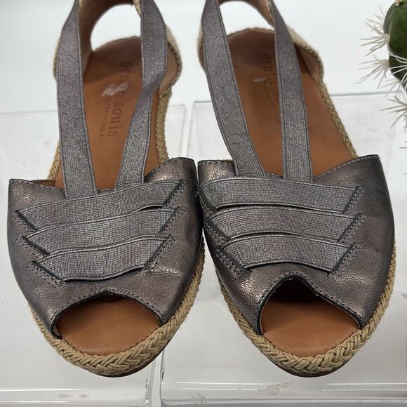 Gentle Souls Luci Sandals Women's 7 Pewter Tan Leather Peep Toe Wedge Espadrille - Picture 3 of 10